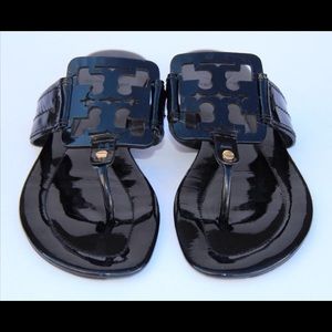 Tony Burch Black Patent Leather Miller Sandals