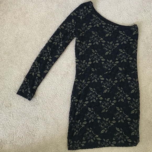 Forever 21 One Shoulder Navy and Gold Lace Dress