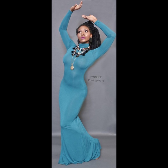 Long teal body con dress