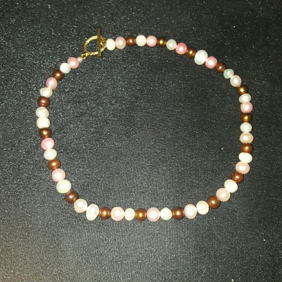 Freshwater pearl necklace, pink  brown, cream