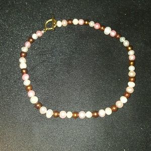 Freshwater pearl necklace, pink  brown, cream