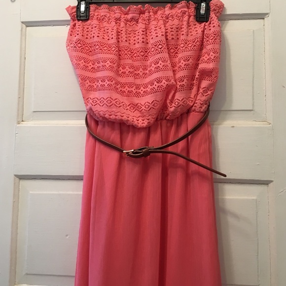 Coral strapless dress new Small sheer slit bottom
