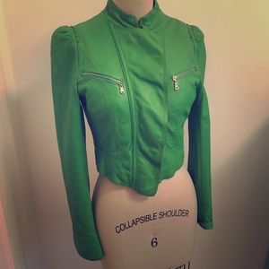 Green Cropped Leather Moto Jacket