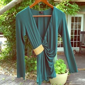 Sky Brand Green Stretch Top with Gold Medallion