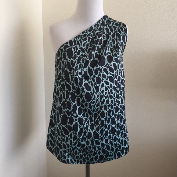 Navy and Aqua Silky One Shoulder Top