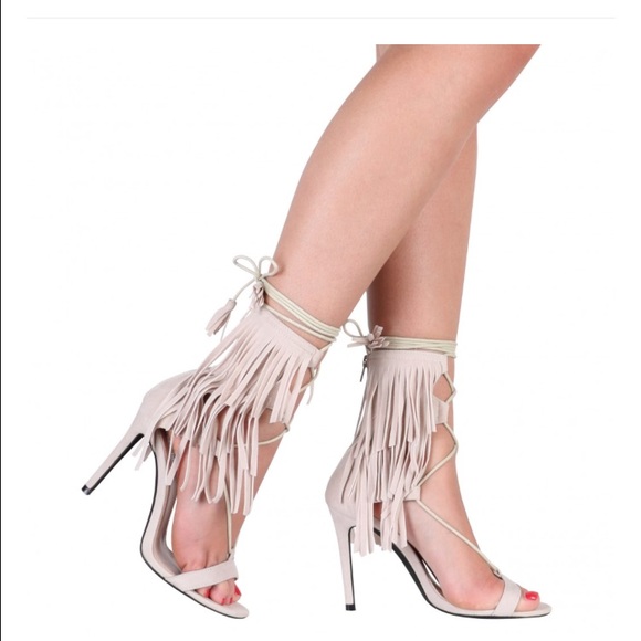 Holly Fringed Stilettos in Nude Faux Suede - Picture 1 of 3