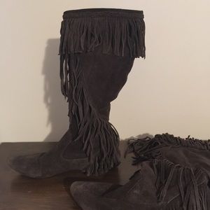 Dark brown suede fringe knee high boots