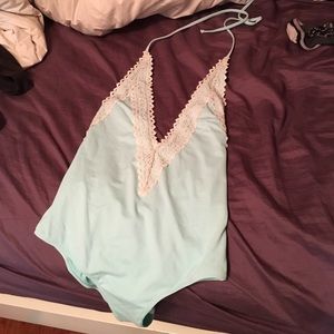 Teal one piece bathing suit with lace
