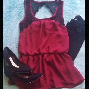 maroon peplum top, lace