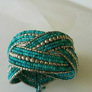 Turquoise & Silver Beaded Braided Bracelet