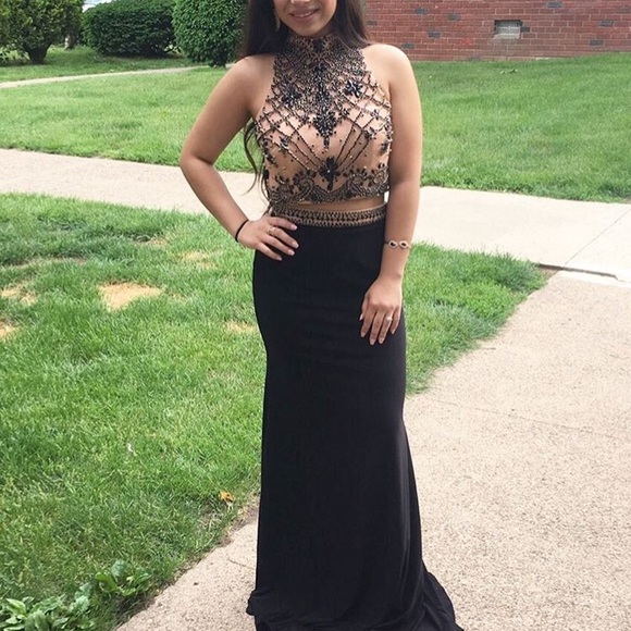 Beaded Two Piece High Neck Sleeveless Prom Dress