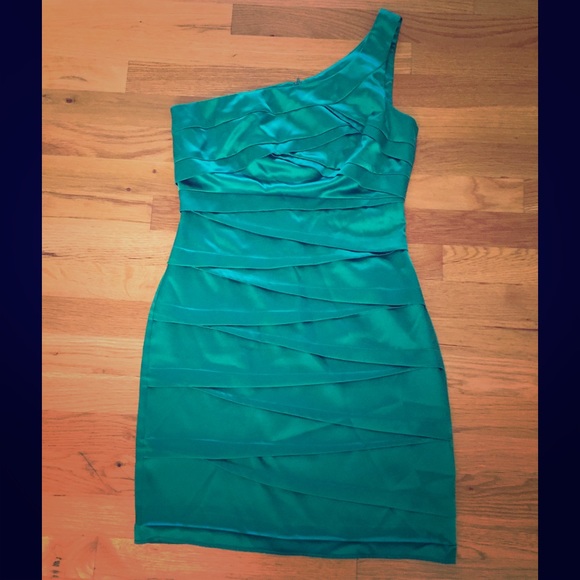 Teal sateen one shoulder dress