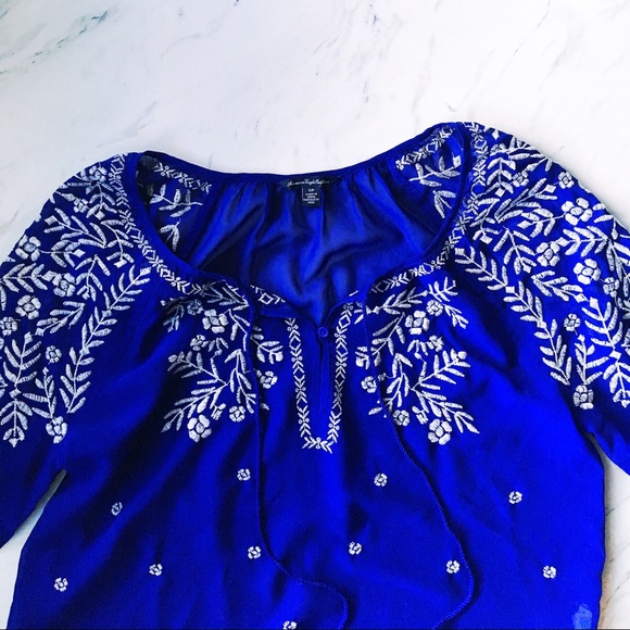 American Eagle Outfitters Tops - American Eagle Blue and White Embroidered Boho Top