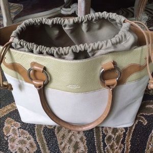 Soft gold leather and canvas tote by Tramontano.