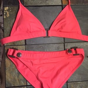 Coral bikini with brown button details. Juniors M