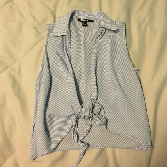Light Blue Striped Front Tie Blouse