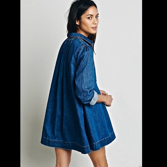 Free People Swingy Indigo Split Neck Bib  Dress M - Picture 2 of 4