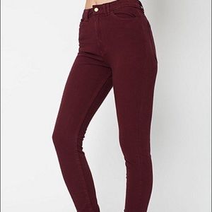 American Apparel Maroon High-Waist Side Zip Jeans