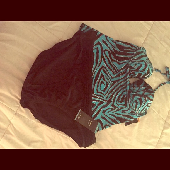 2-piece blue/black zebra print bathing suit.