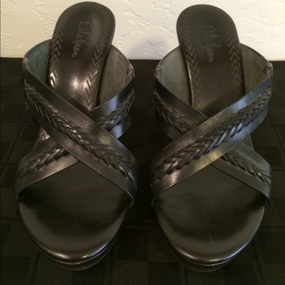 Cole Haan black leather/wood heel sandals