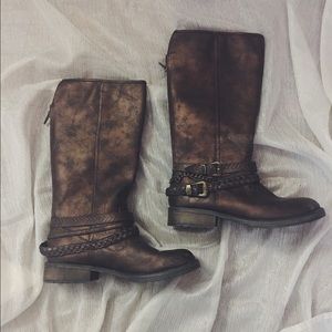 distressed brown knee high boots