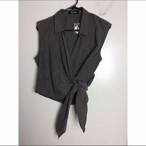 Gray green button down tie around wrap top