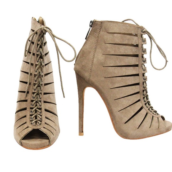 SALE! Suede Beige Ankle Bootie Taupe Heel - Picture 2 of 4