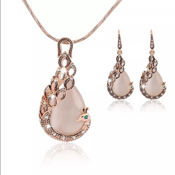 Jewelry - Gold Crystal Pink Peacock Necklace/Earring Set