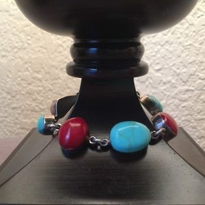 Turquoise & Coral Sterling Silver Bracelet