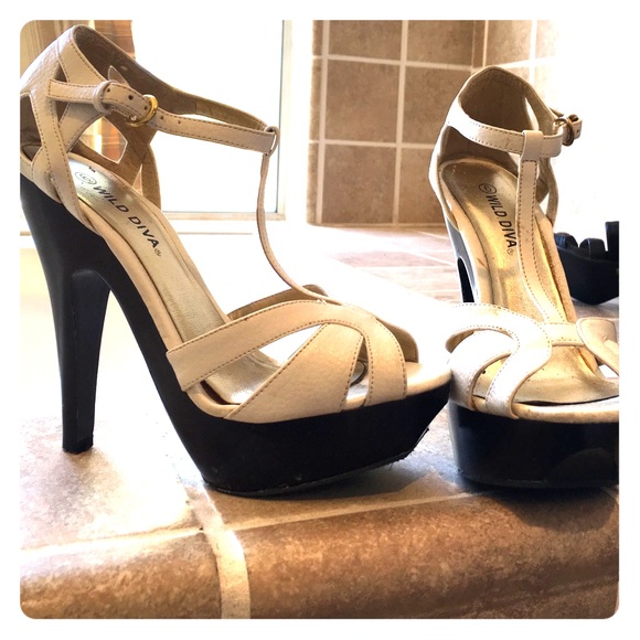 White pleather with dark wood heel