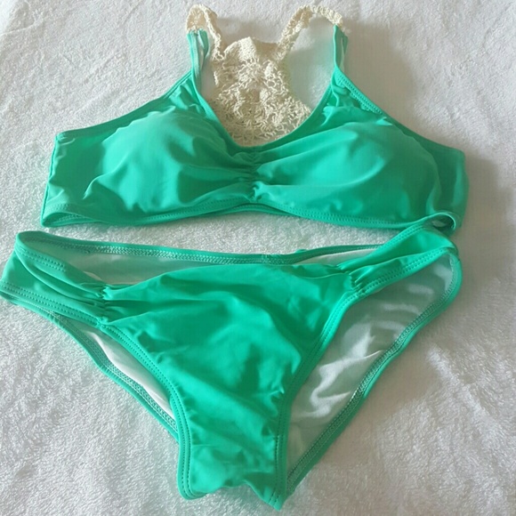 Green bikini with crochet back