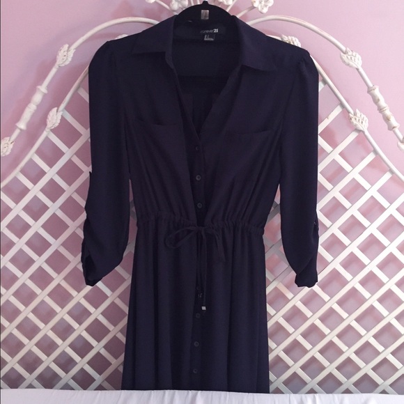 Forever21 Button Down Navy Dress with Tied Waist