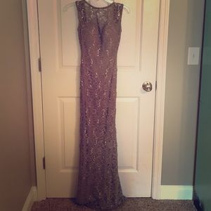 Tan Lace and Sequin Backless Dress