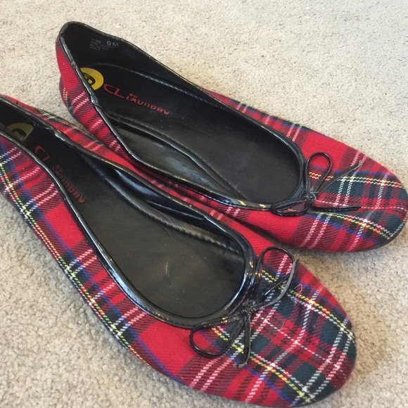 red plaid flat shoes