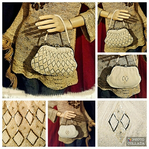 Vintage Delill Hand Beaded White & Tan Handbag
