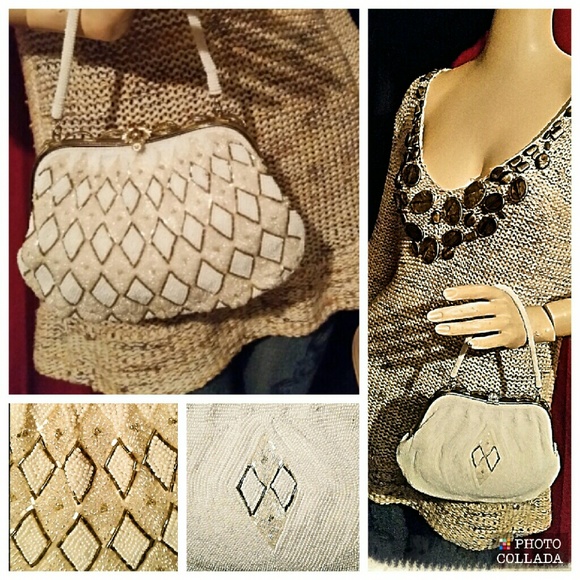 Vintage Delill Hand Beaded White & Tan Handbag