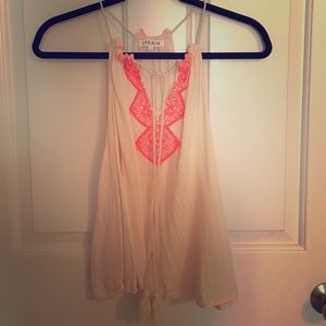 Cream and Neon Orange Embroidered Shirt