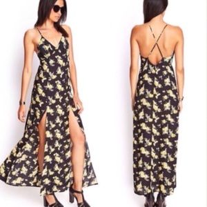 BLACK FLORAL DOUBLE SLIT CROSS BACK MAXI DRESS