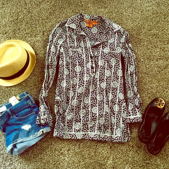 Tory Burch Blue White & Silver Tunic Top