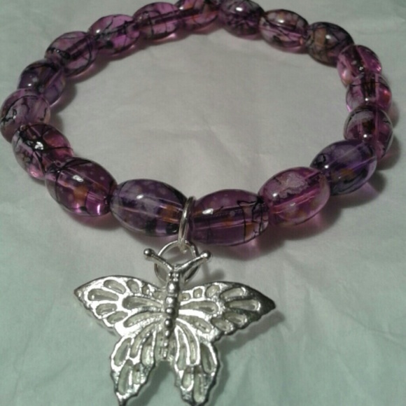 Purple Beaded Bracelet & Silver colored Butterfly