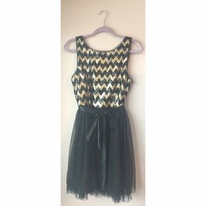 Black and Gold Sequined Toped Dress