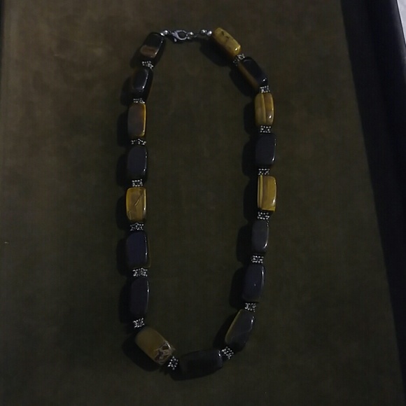 GENUINE TIGERS EYE NECKLACE STERLING SILVER BEADS