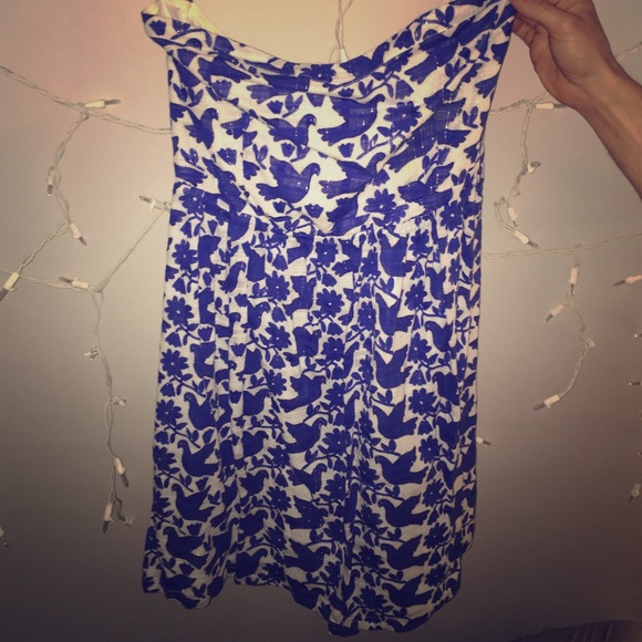 strapless blue and white bird dress