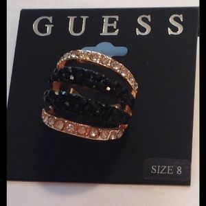 NWT Guess gold metal clear-black stones ring, so 8