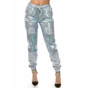 NWT Front Sequin Destroyed Denim Joggers