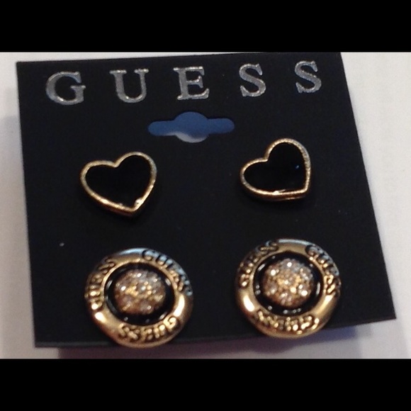 NWT guess gold metal-black enamel earrings set/2