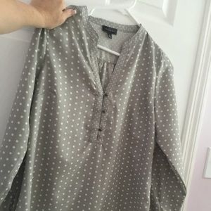 Gray silk blouse with white dots