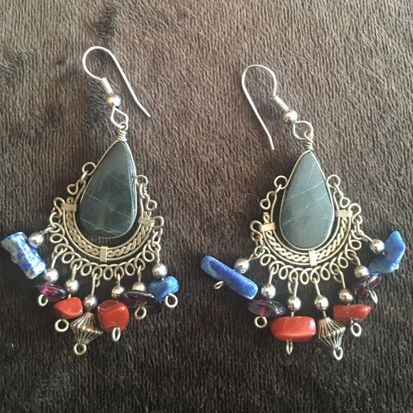 Vintage handcrafted silver earrings with stones - Picture 1 of 2