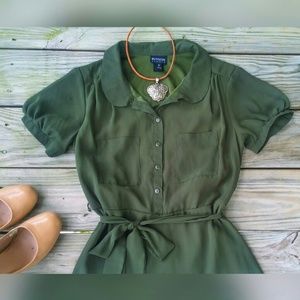 Olive Green Retro Inspired Tie Waist Dress