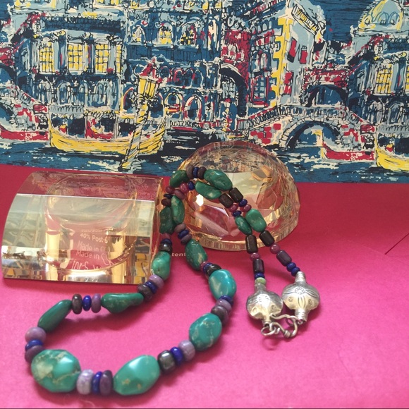 FOX MINE TURQUOISE & STERLING NECKLACE LAPIS SUGULITE BEADS 18 inches in length
